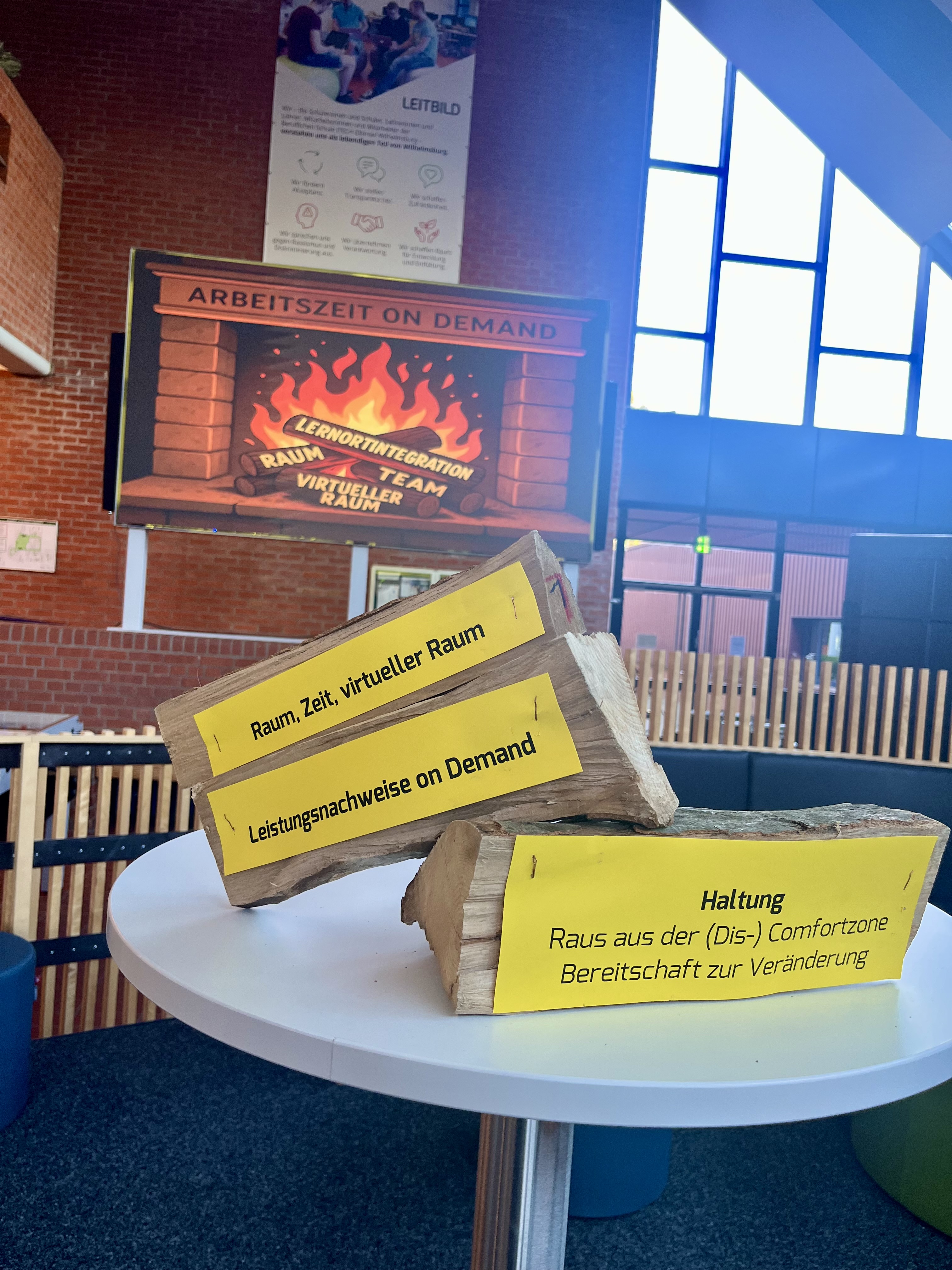 Themen für den Kaminabend sind auf Brennhözer geklebt, liegen zur Deko auf einem Tisch. Im Hintergrund sieht man den großen Screen mit einem Kaminbild